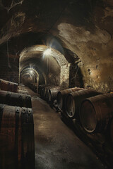 Wall Mural - Vintage Wine Cellar with Ancient Barrels in Rustic Setting  