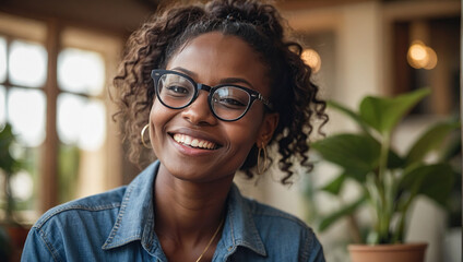 Wall Mural - Portrait of a happy smiling young African American woman wearing glasses