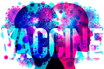 This artwork presents a vibrant blend of virus icons superimposed on the profiles of two people. The word VACCINE is prominently displayed across the centre.                 