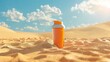 The illustration depicts a hot sunburnt sunblock product on a sandy desert during the summertime.