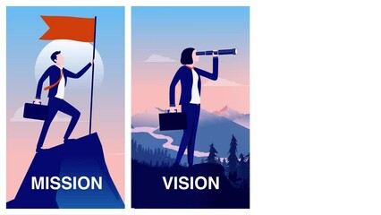 Poster - Mission vision and values animation - Business core values animated in flat design colourful illustrations with people in various poses and situations