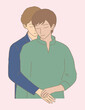 Young homosexual couple back hugging. Love couple embracing. Hand drawn flat cartoon character vector illustration.