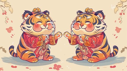 Wall Mural - A hand-drawn illustration of two chubby tigers bowing to each other in a traditional costume on the Spring Festival; they are the Chinese zodiac animals.