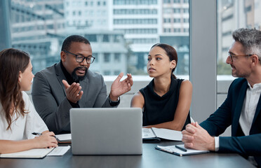 Poster - Discussion, meeting and business people with laptop in boardroom for planning, teamwork or review. Diversity, collaboration and staff with proposal, idea or working on report for recruitment agency