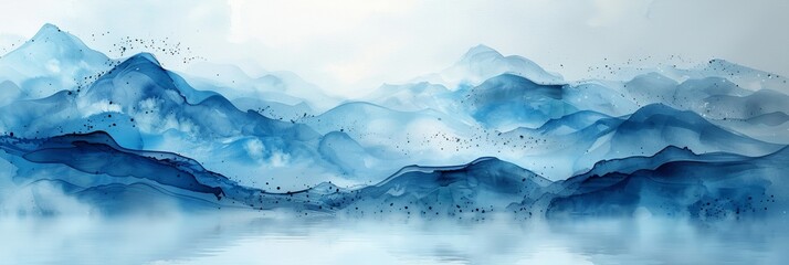 Wall Mural - A serene watercolor painting of misty mountains and tranquil waters, capturing the beauty of nature.