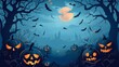 An atmospheric art illustration of a Halloween scene with pumpkins and bats set against a dusky sky. Halloween background horizontal banner.