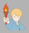 Confident man in sport jacket holding golden torch with fire flame. Hand drawn flat cartoon character vector illustration.
