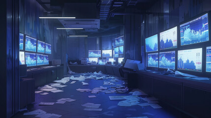 Wall Mural - deserted trading floor with screens showing stock market crash, gloomy atmosphere with papers scattered around