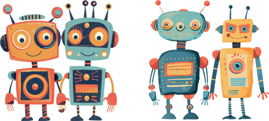 Poster - Robots print for kids. Friendship concept with cartoon robots