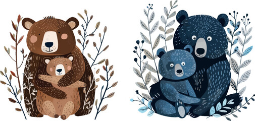 Sticker - Bear family. Animals of wildlife drawn in scandinavian style, cute picture of mom and son surrounded by branches