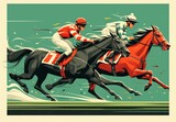 Fototapeta  - A flat illustration of horse racing, showing three horses with jockeys in the middle distance, against a green background, created with simple lines and shapes and a warm color palette.