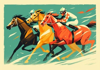 A flat illustration of horse racing, showing three horses with jockeys in the middle distance, against a green background, created with simple lines and shapes and a warm color palette.