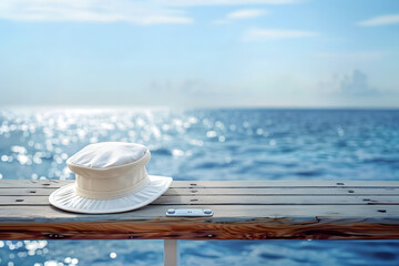 Wall Mural - white captain's cap on a wooden table on a blurred background of the sea,