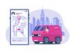 Online delivery service concept. A delivery van speeds along the route. Vector illustration.