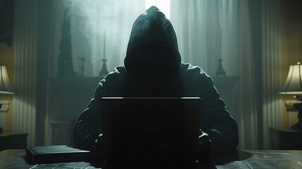 Wall Mural - Fictional character in a hood sits in darkness, facing laptop at event