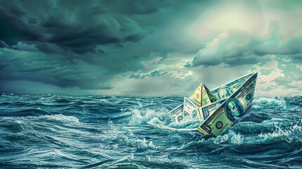 Wall Mural - Abstract photo of a stormy sea with a sinking paper boat made of currency notes, illustrating the instability and risk in financial markets
