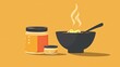Simplistic illustration of hot soup and honey jars on a warm background