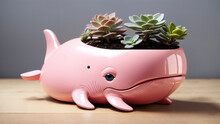 A Pink Ceramic Whale-shaped Pot With Several Varieties Of Succulents Growing In It.

