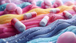 A dynamic 3D illustration of colorful medicinal capsules and tablets embedded in flowing, wavy textures representing a modern pharmaceutical concept.

