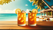 two glasses of iced tea on a wooden table, overlooking a tropical beach