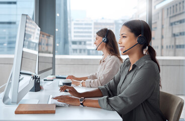 Leinwandbilder - Business people, telemarketing and teamwork with headset for contact at call centre for customer service, help and advice. Female group or virtual assistants in office with computer for communication