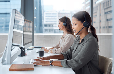 Sticker - Business people, call centre and headset for telemarketing, communication and customer service. Female team or virtual assistants in office with computer for hotline support, help and advice