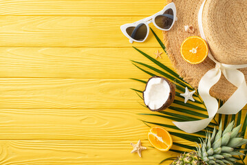 Wall Mural - Coastal bliss captured: Top view of sunhat, sunglasses, delicious exotic fruits, island trinkets, palm frond, starfish on sunny wooden surface, offering space for customized text or advertisements