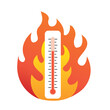 red thermometer in fire flames, high temperature warning, hot summer day, heatwave, climate change concept- vector illustration
