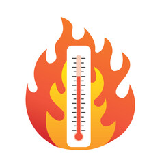 red thermometer in fire flames, high temperature warning, hot summer day, heatwave, climate change c