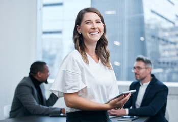 Aufkleber - Portrait, employee and woman in boardroom, tablet and confidence in corporate and auditor. Office, bookkeeper and person in business meeting, table and collaboration for planning and smile of project