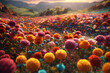 Highland field of colorful dahlias flowers. Floral landscape with limited depth of field and selective foreground focus.