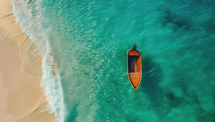 Poster - aerial view of boat in turquoise ocean waves, white sand beach