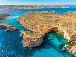 Sticker - Aerial drone view of Crystal lagoon on Comino island. Boats. Mediterranean sea, Malta