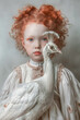 Charismatic albino girl with unique white skin and red hair with a white peacock