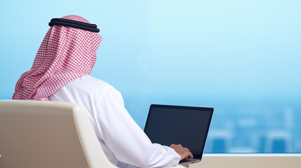 Wall Mural - arab saudi man using laptop, back view