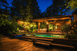 Wooden outdoor veranda. Suburban terrace with pool at night light.