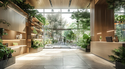 Poster - Interior architectural design of commercial shops, minimal style, vegetation. Generative AI.
