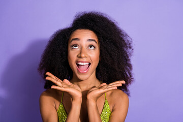 Sticker - Photo of gorgeous young girl amazed look empty space wear trendy green sequins outfit isolated on purple color background