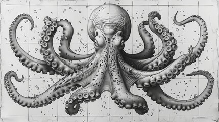 Graphite modern illustration of an Octopus or Kraken with contour lines on a white background. Deep sea creature or mollusc with tentacles, undersea life form, ocean monster.