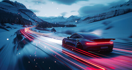 Poster - Compact car with light trails all around, riding on a road with ice surface, alps, blue and white trails of light, slow shutter. Generative AI.