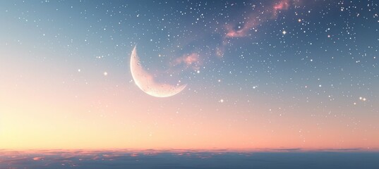 Wall Mural - Crescent moon on beautiful sunset dusk sky. Nature panoramic view. Generative AI technology.