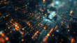 A computer generated image of a cityscape with a lot of orange and black blocks. The image has a futuristic and industrial feel to it
