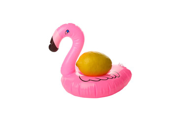 Wall Mural - PNG, Lemon with inflatable flamingo, isolated on white background