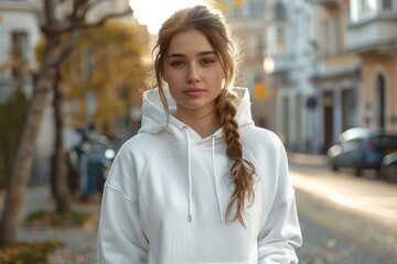 A young woman wearing a white hoodie stands on a city street at dusk, conveying casual urban lifestyle