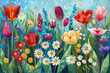 Lively Spring Garden Adorned with Tulips and Daisies