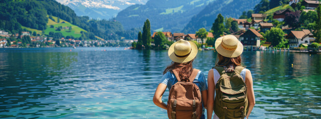 Wall Mural - Two young women with backpacks wearing sun hats look at the picturesque lake and village of Switzerland, enjoying their summer vacation trip