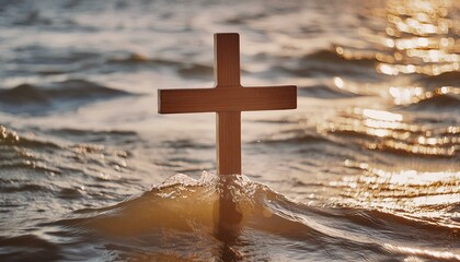Wall Mural - The Wooden Christian Cross In The Wavy Water. 