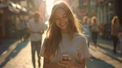 Sticker - Smiling Woman with Smartphone on Street