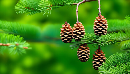 Wall Mural - A pine cone on a tree branch in a forest setting