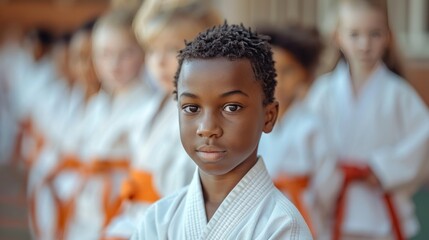 Wall Mural - Young Karate fighters, school age children practising karate. They are all dressed in karategi-karate uniform. Interior of karate school in Mississauga, Ontario in Canada.